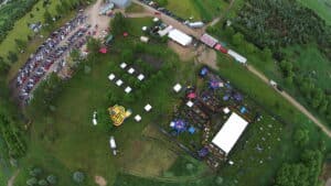 Aerial photo of Champion Valley with many vehicles in the parking lot.